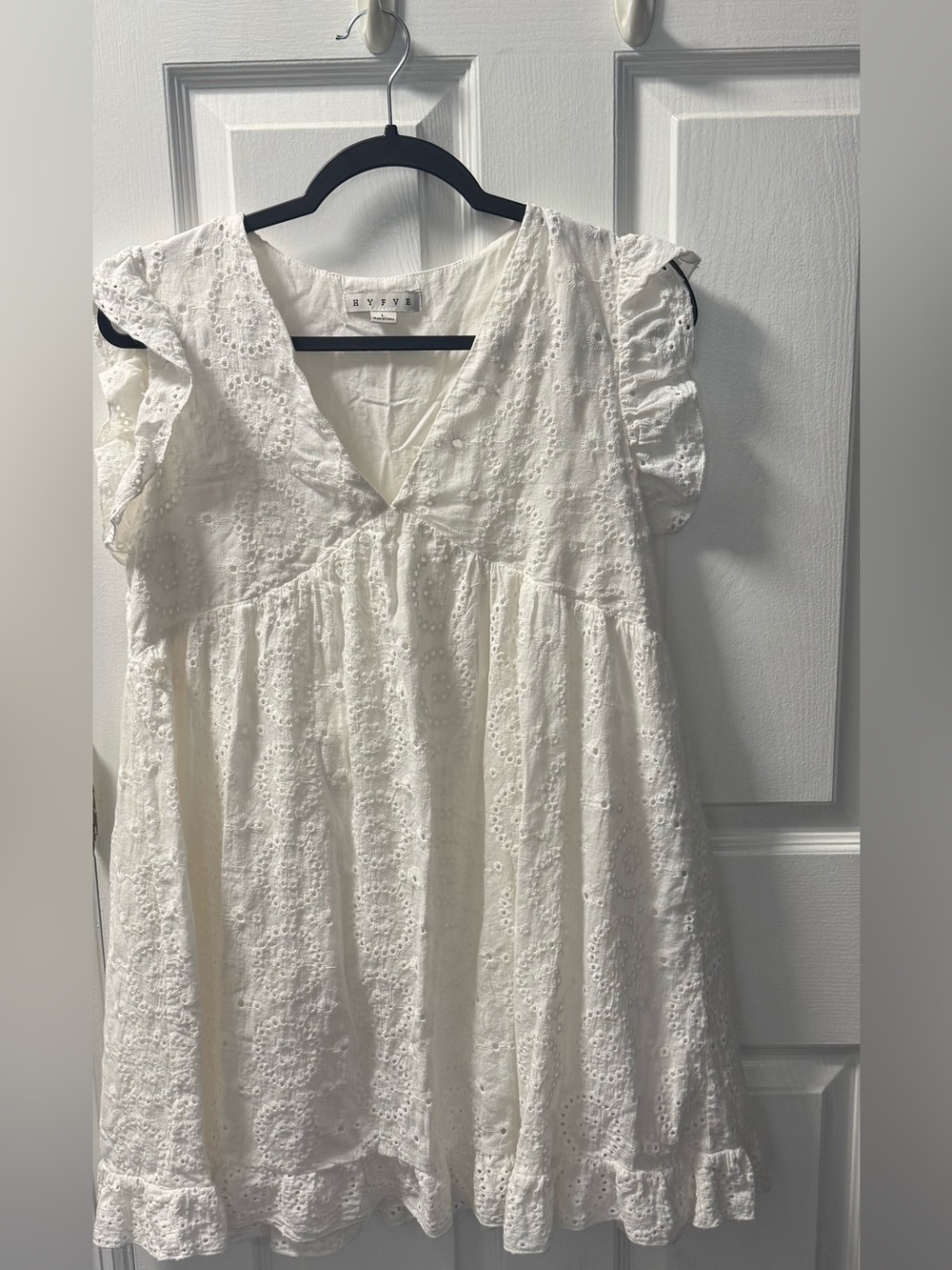 HYFVE White Eyelet V-Neck Ruffle Sleeve Mini Dress